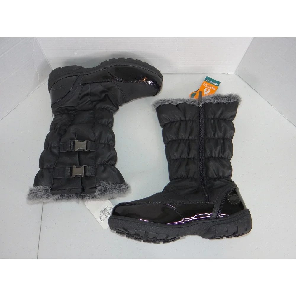 Sporto Eco System Womens Black Quilted Faux Fur Trim Winter Boots Size 10 NEW